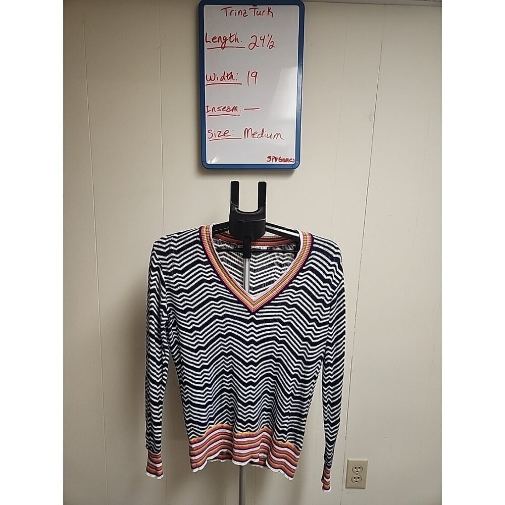 Trina Turk Navy Blue Chevron Striped Rainbow Trim V Neck Sweater Top Size M